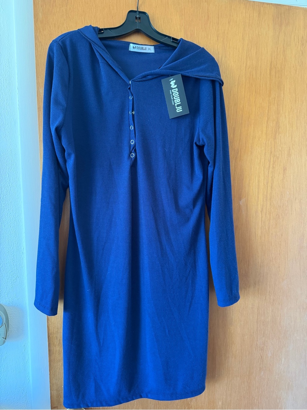 NWT: Doublju Navy Ribbed Hooded Button Dress - size 3XL